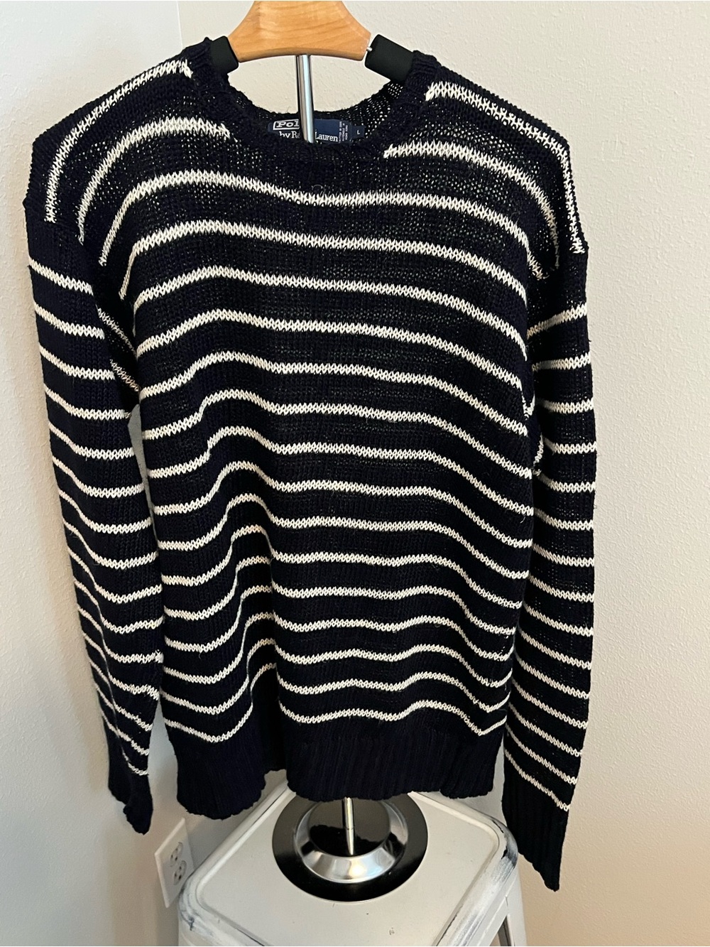 Men’s Polo Striped Crewneck Sweater - Navy & White 100% Linen